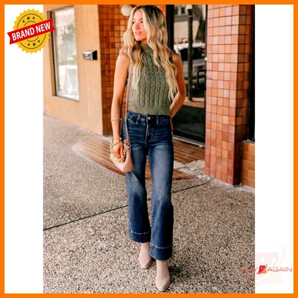 High Waisted Wide Leg Flare Jeans Stretchy Denim Pants Trendy Y2K Chic - Picture 4 of 7